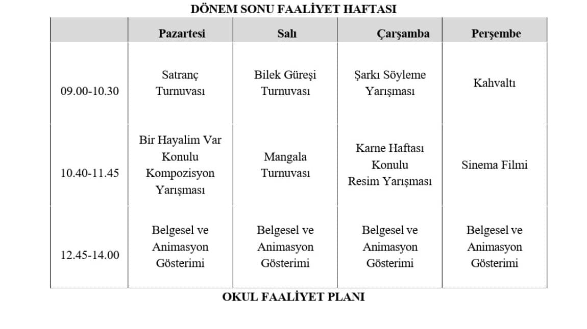 2024-2025 Eğitim-Öğretim Yılı 1.Dönem Sonu Faaliyet Haftası 